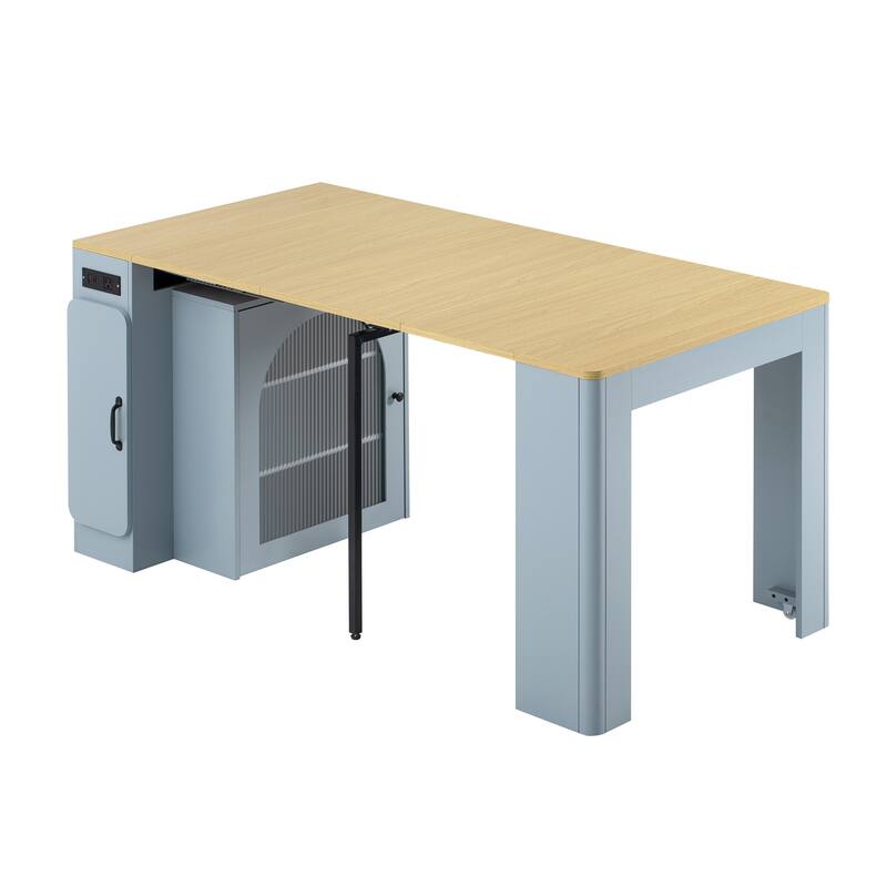 Storage Kitchen Island with Extendable Dining Table on Wheels and 3 Removable Middle Leaves, Power Outlet, Arch Cabinet, Light