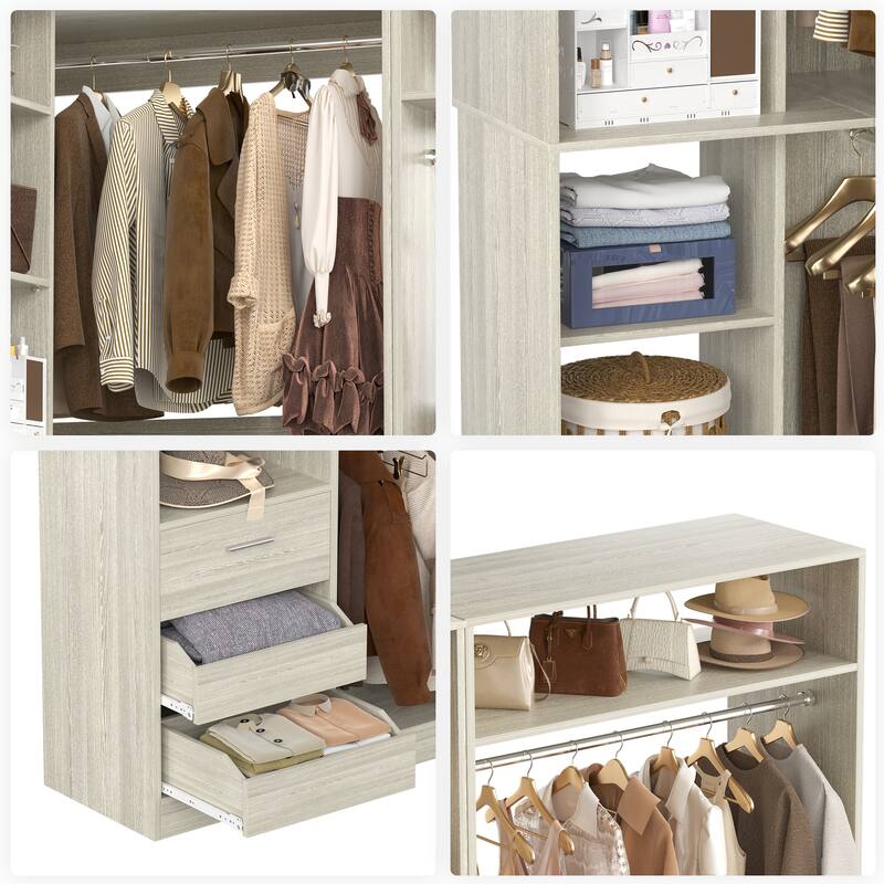Qvella Set of 2 Corner Closet System, 72'' Wide Walk-in Closet Organizer with Drawers and Hanging Rods and Storage Shelves