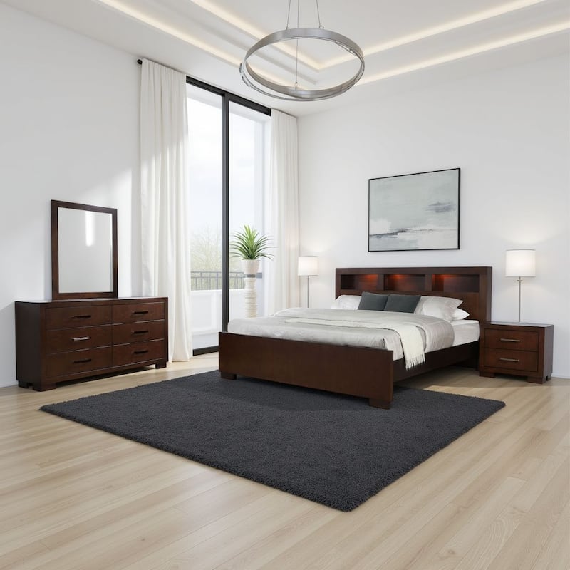Bela 4 Piece Queen Bedroom Set, Bookcase Headboard, Dark Brown