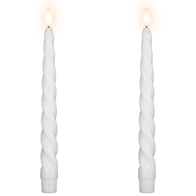 LED Flameless Flickering Taper Swirled Christmas Candles - 9.5" - White - Set of 2