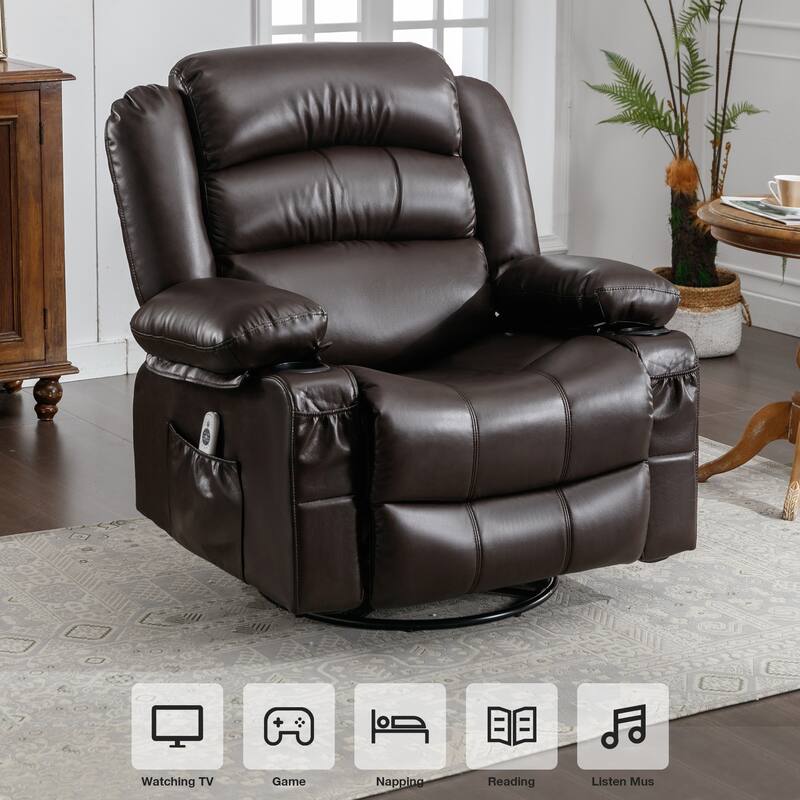 Black 360° Swivel Rocker Recliner with Heat, Vibration, USB Port, Cup Holders, and Side Storage Pockets