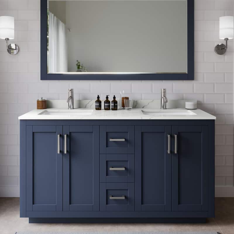Wyndham Collection WCF292960D-QTZ-UNSM58 Miranda 60" Free Standing - Dark Blue / Giotto Quartz Top / Brushed Nickel