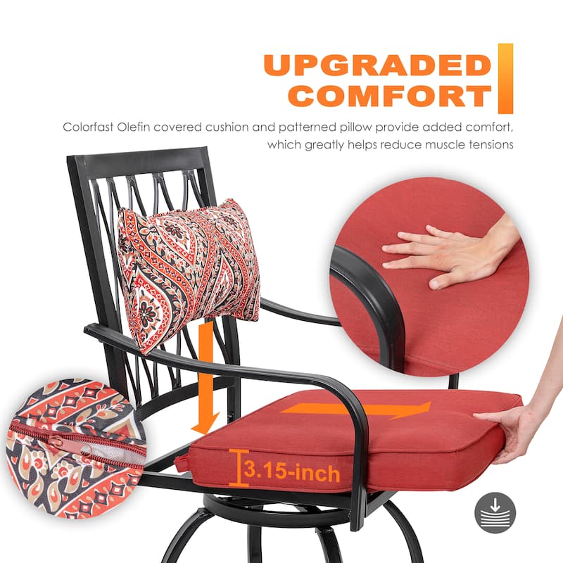 Outdoor 3-Piece Metal Bar Set, Swivel Bar Stools with Cushions and Pillows