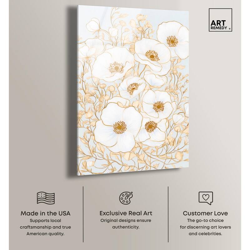 White and Gold Poppies I Acrylic by Art Remedy, Ready to Hang