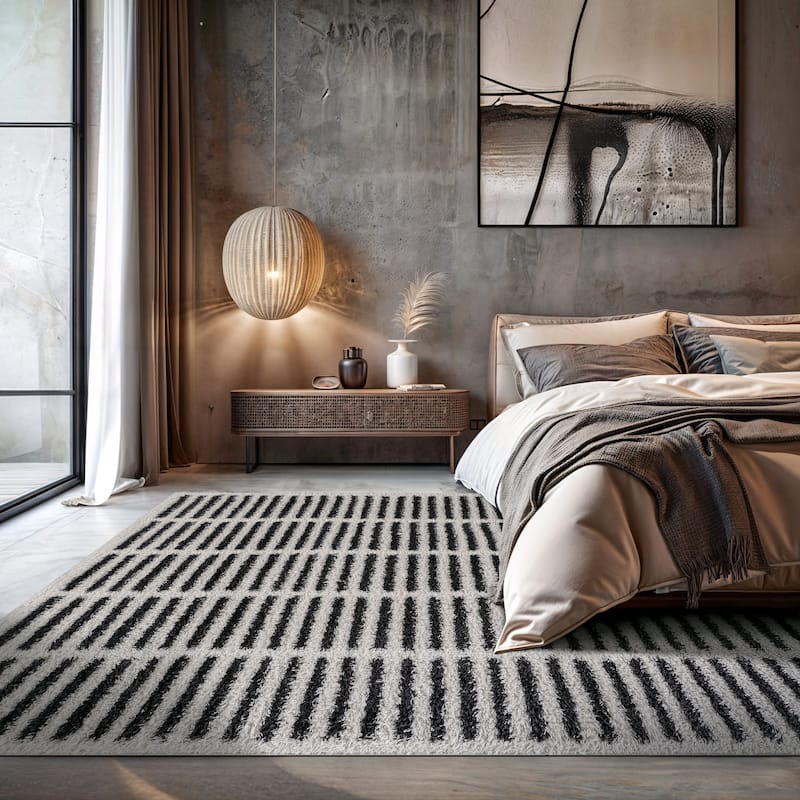 Bohemian Stripe Lines Shag Rug - Textured Surface - Anthracite Dark Gray - Easy to Clean