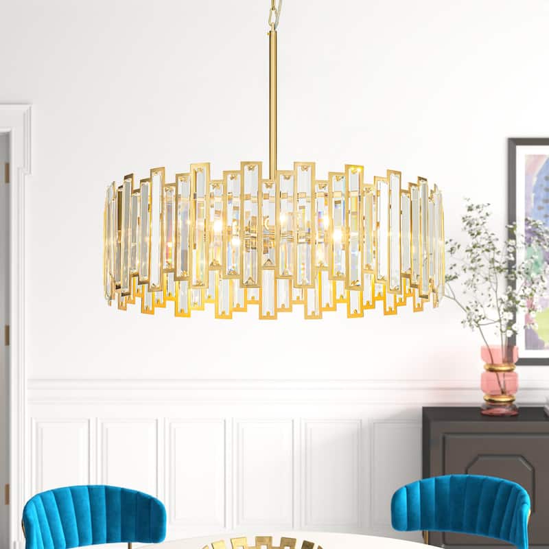 6-Light Modern Glam Crystal Chandelier Black/Gold Round Drum Chandelier for Dining Room