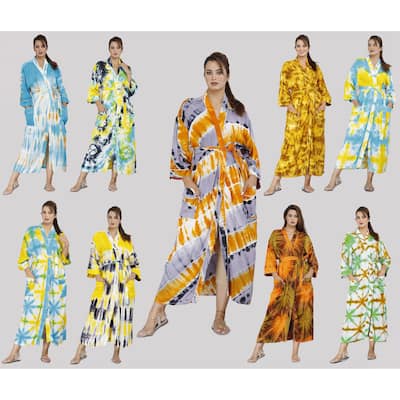 Oussum Womens Bathrobes Cotton Tie Dye One Size Full length robes with Pockets Comfy Printed Long Kimono Robe Cover Up