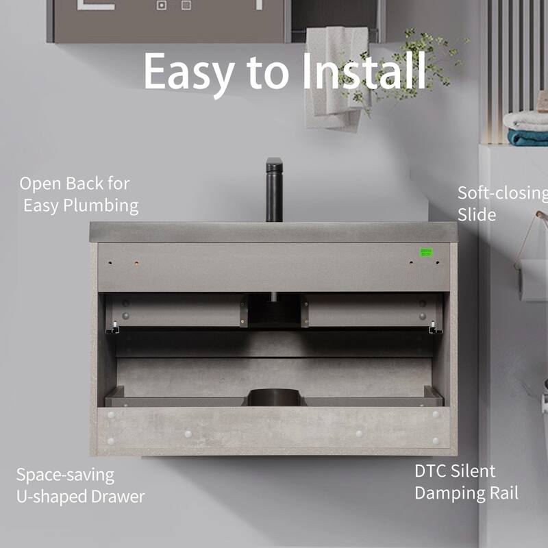 36" Wall-Mounted Floating Vanity with Premium Quartz Sand Basin, Grey Modern Storage Cabinet