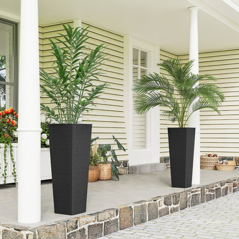 Outsunny 32 Inch Tall Planters for Outdoor Plants, Set of 2 Plastic Rattan-Like Flower Pots with Drainage Holes - Black