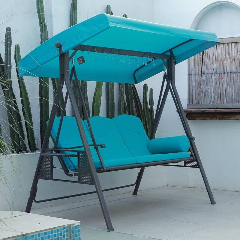 PURPLE LEAF Outdoor Patio Porch Swing with Stand, Chair with Adjustable Tilt Canopy All-Weather Steel Frame for Backyard - 3-Seat - Turquoise Blue