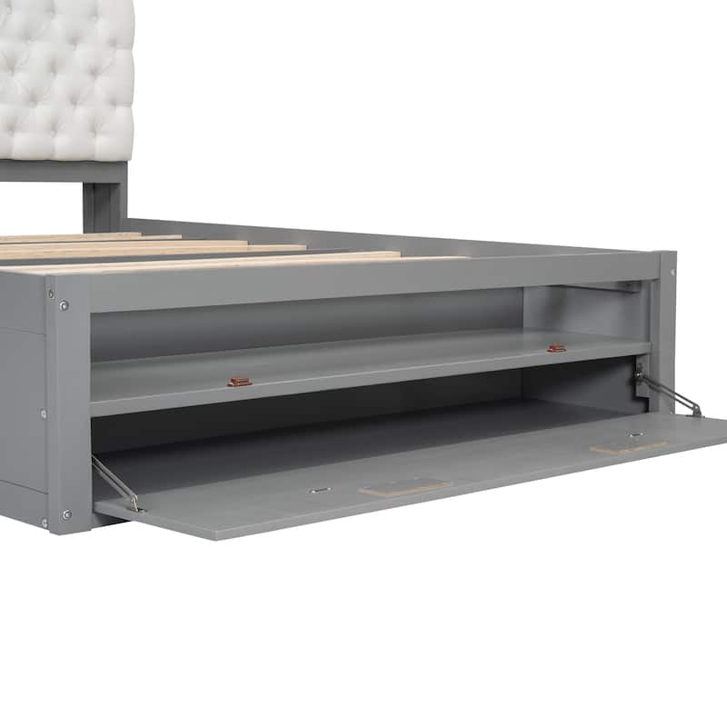 Gray Queen Size Wood Bed with Storage Headboard, Shoe Rack, 4 Drawers