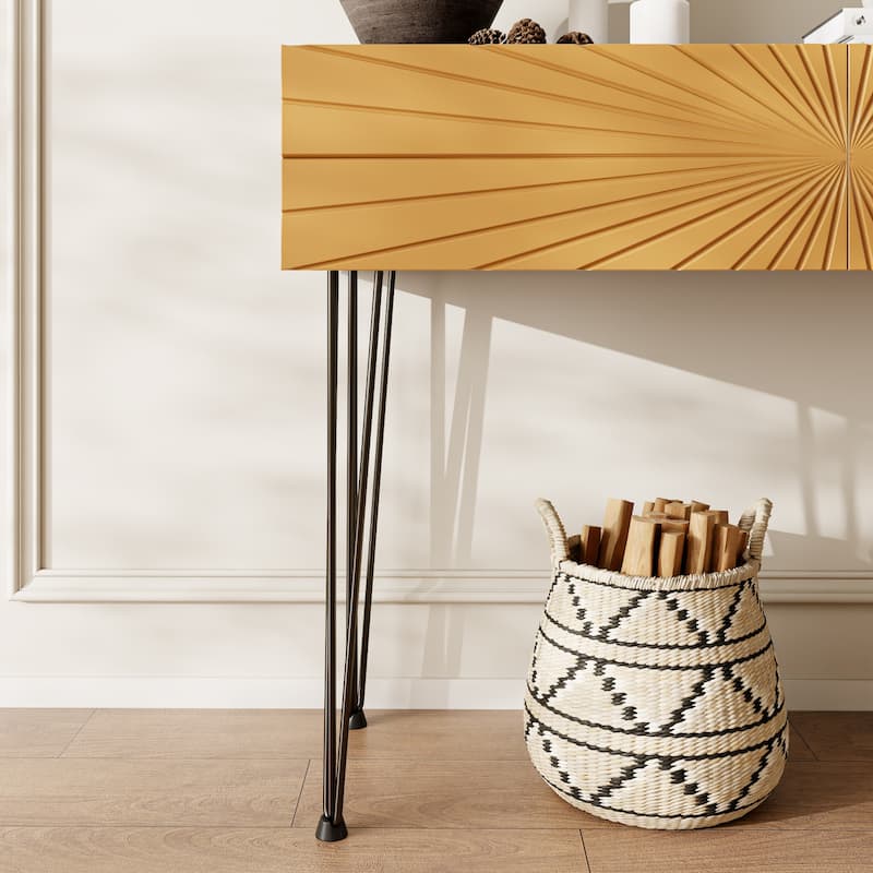 Wood Console Table with Radial Sunburst Drawers, Sofa Table with Soft-Close Storage, Entryway Accent Table with Open Shelf