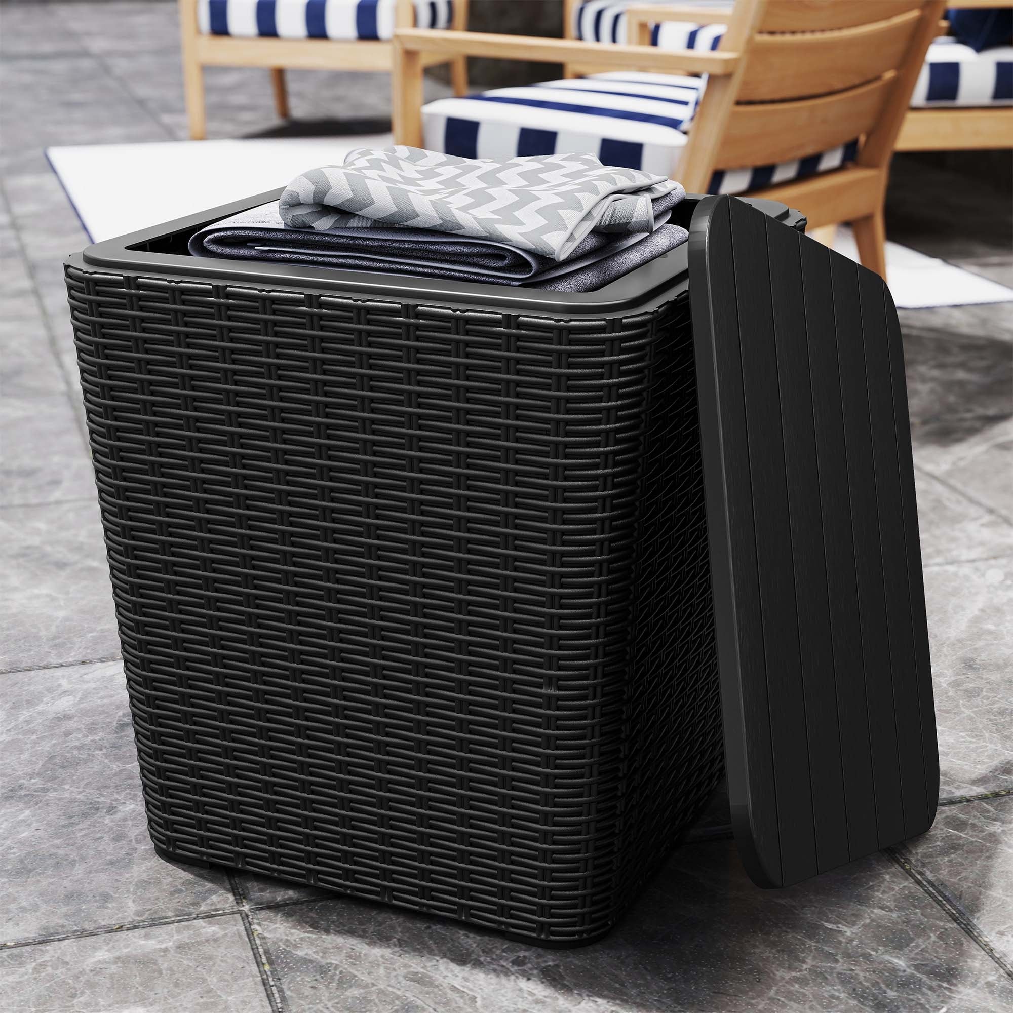 Moasis 11.5 Gallon Black Resin Rattan Outdoor Side Table, Coffee Table with Extra Storage for Patio Decor