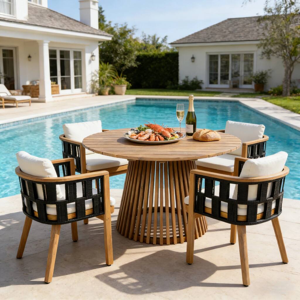 Christopher Knight Home - Modern 5-Piece Outdoor Patio Dining Set with Woven Rope Acacia Chairs and Round Pedestal Dining Table