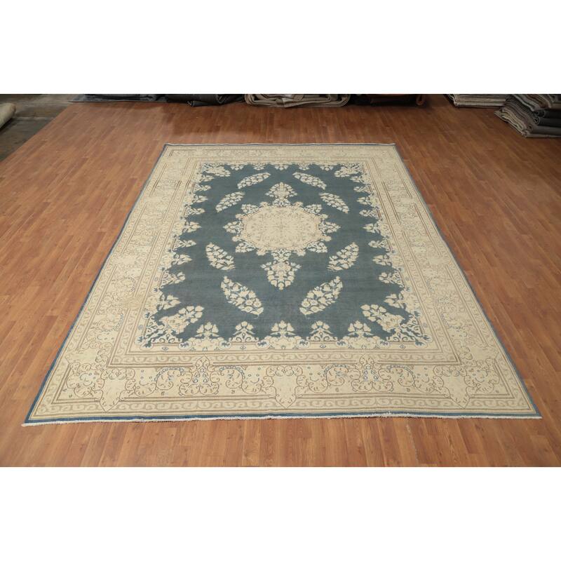 Hand Knotted Oriental 100% Wool Carpet Traditional Floral Navy Blue & Blues Tabriz Area Rug - 11' 9'' X 8' 8''