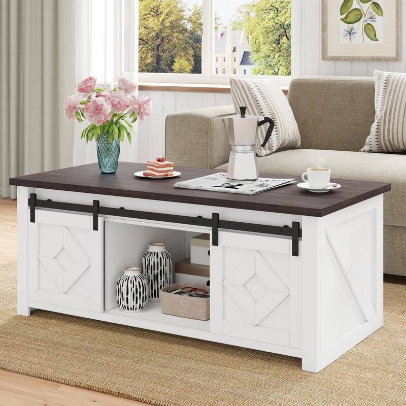 AVAWING Rustic Lift Top Coffee Table with Storage & Sliding Barn Doors – Farmhouse Center Table for Living Room - 47.8'x23.2'