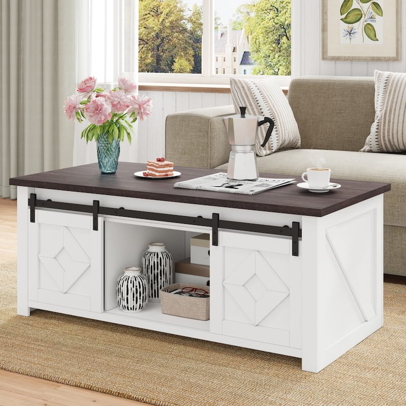 Farmhouse Lift Top Coffee Table with Storage & Sliding Barn Doors – Antique White Rustic Center Table for Living Room