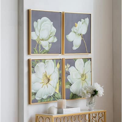 Set of 4 White and Gold Botanical Wall Art Prints, Home Decor