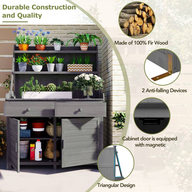 65" Garden Potting Bench Table with Storage Shelves, Drawers, and Cabinet – Fir Outdoor Planting Station with Storage Shelves