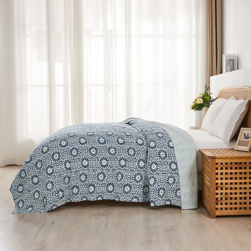 Melange Hand Stitched Kantha Block Print Coverlets and Shams - Flower Coverlet Only - King - 1 Piece