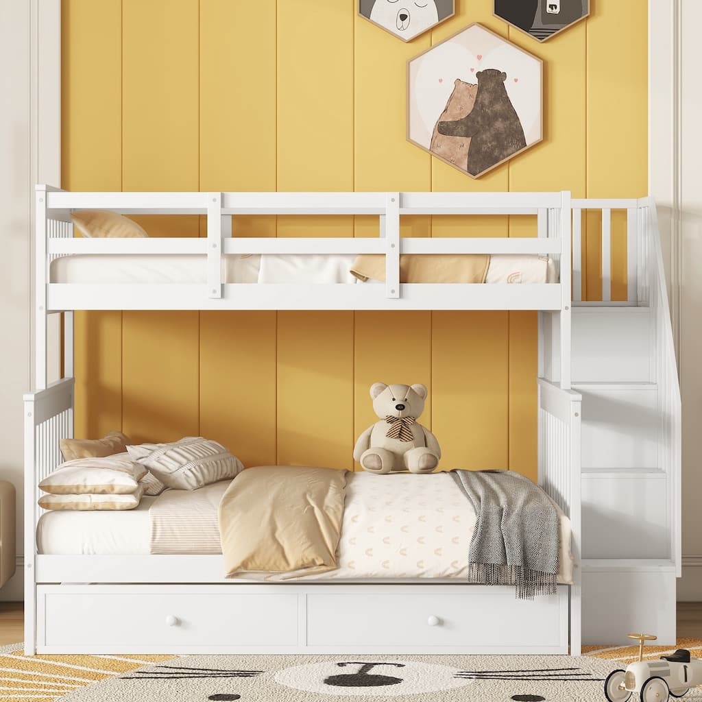 Twin-Over-Full Bunk Bed with Twin size Trundle, Storage and Guard Rail for Bedroom, Dorm, for Adults, White