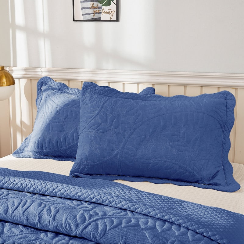 MarCielo 2-Piece 100% Cotton Embroidered Quilted Pillow Shams - Navy - King