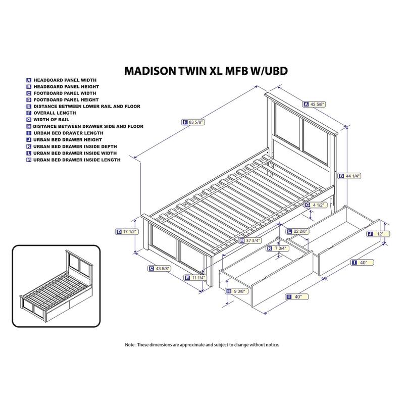 AFI Madison Twin XL Platform Bed with Matching Footboard & Storage Drawers in Walnut