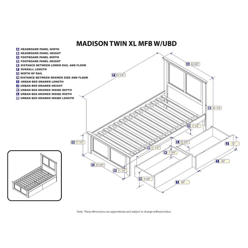 AFI Madison Twin XL Platform Bed with Matching Footboard & Storage Drawers in Walnut