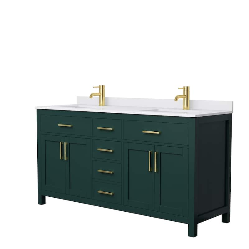 Beckett 66 Inch Double Vanity, Cultured Marble Top - Green, Gold Trim, White Cultured Marble Top