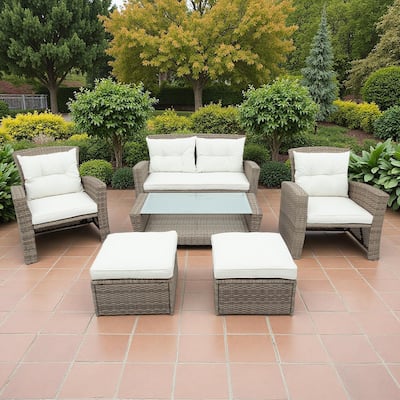 6-Piece Outdoor Patio Rattan Conversation Sofa Set with Tempered Glass Coffee Table and Ottoman