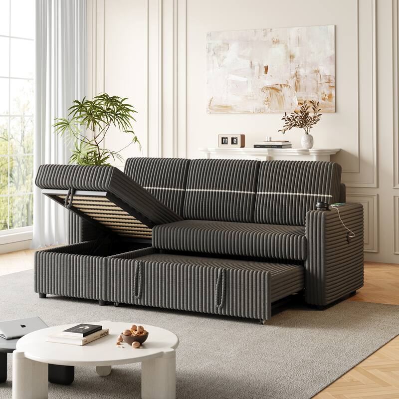 3-Seater Sleeper Sofa Bed with Corduroy Fabric, Storage Chaise, USB Charger, and Cup Holders