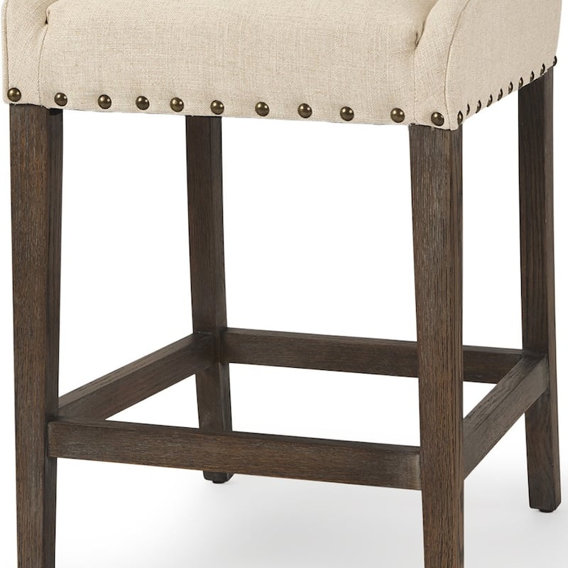 HomeRoots 28" Cream and Brown Fabric and Solid Wood Counter Height Bar Chair