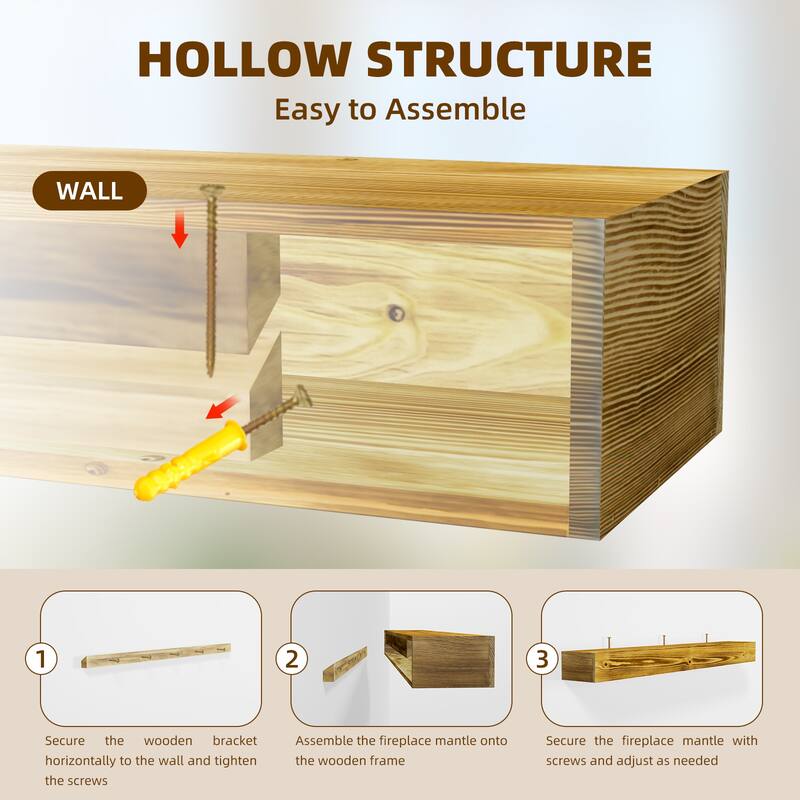 60" Fireplace Mantel, Rustic Fireplace Mantle Shelf with Invisible Brackets, Handcrafted Wood Floating Fireplace Mantel