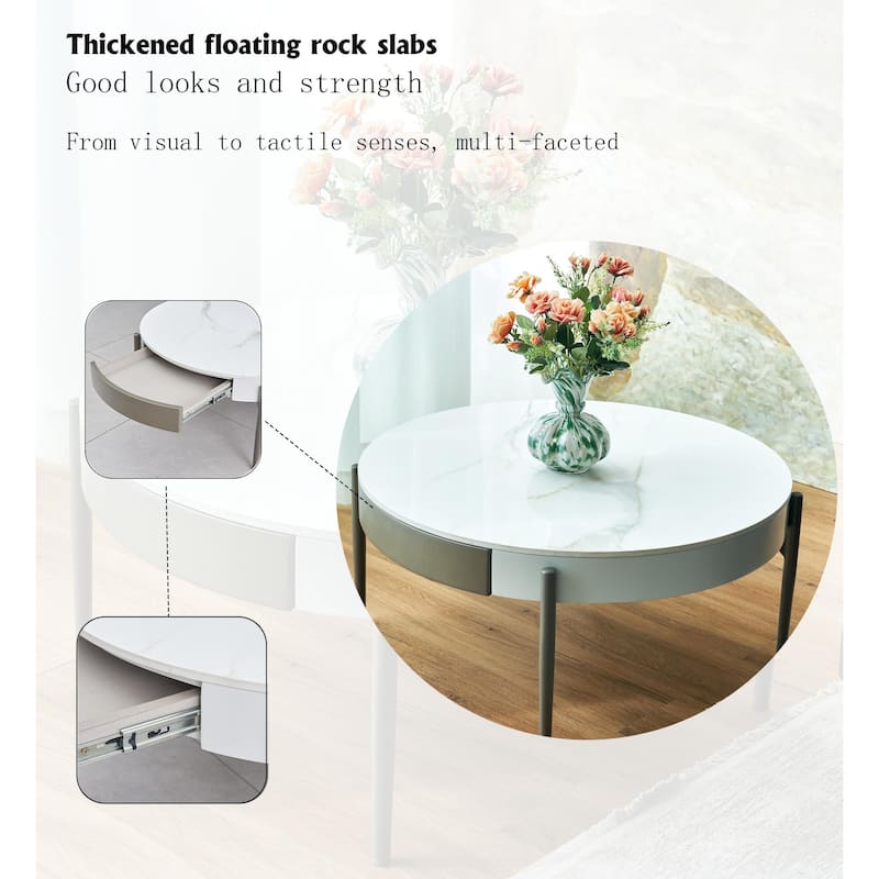 31.49" Ceramic Tile Round Coffee Table with Sintered Stone Top, Storage Drawers