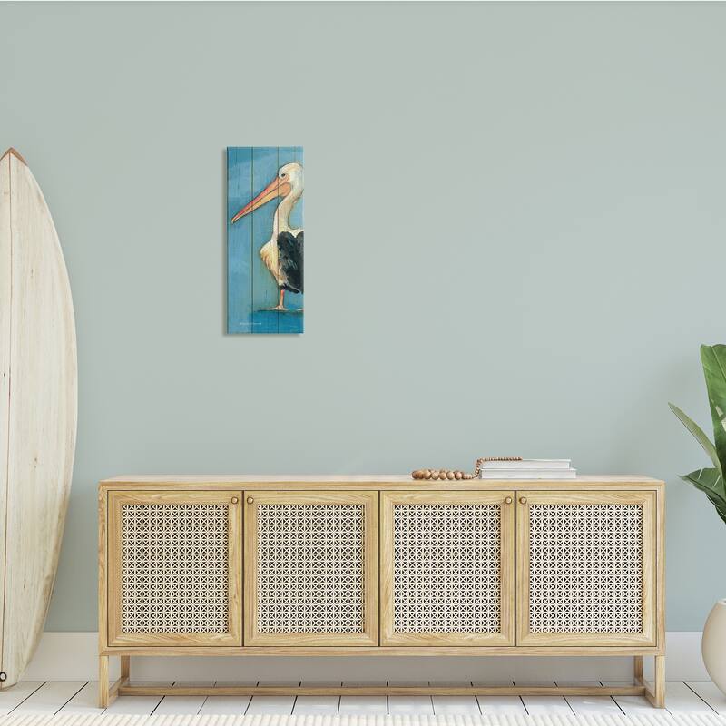 Stupell Pelican Bird Over Blue Planked Pattern Animal Painting Canvas Wall Art
