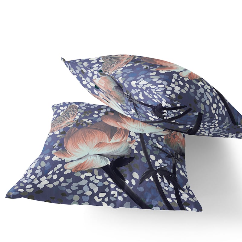 HomeRoots Set of Two 16" X 16" Blue and Gray Butterfly Blown Seam Floral Indoor Outdoor Throw Pillow - 16.00' X '16.00' X '5.00