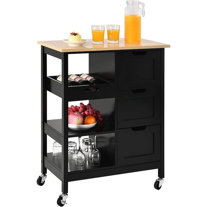 Kleio Solid Wood Top Kitchen Island Storage Cart with 3 Drawers Rolling Serving Trolley Cart