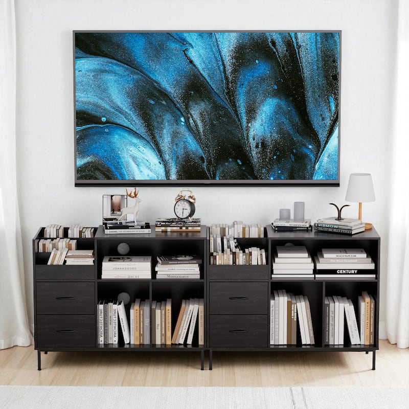 Record Player Stand with Power Outlet, Flip-Down Lid, Vinyl Storage for 300 Albums, Drawers and Steel Legs