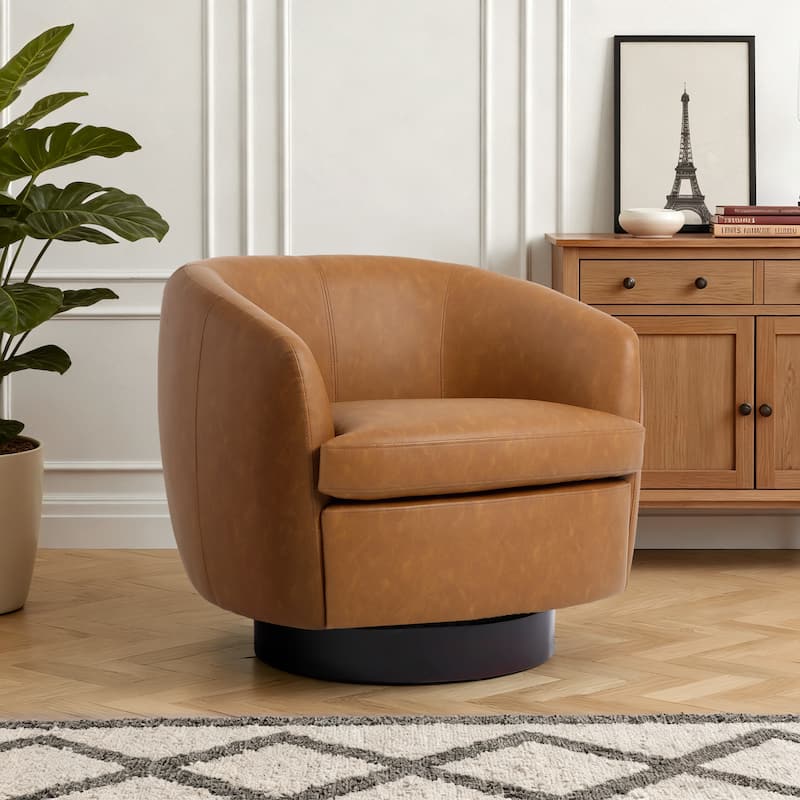 Low Back PU Leather Barrel Chair 360° Swivel Accent Chair for Living Room - Light Brown