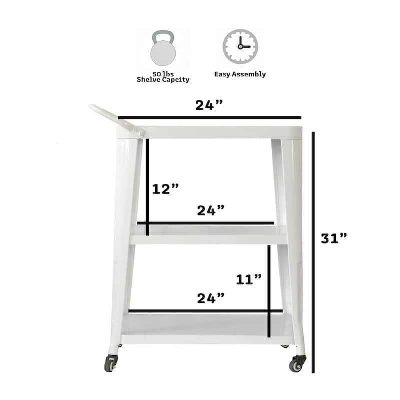 Modern Metal White 3-Tier Rolling Serving Bar Cart - 24" L x 14" W x 31" H
