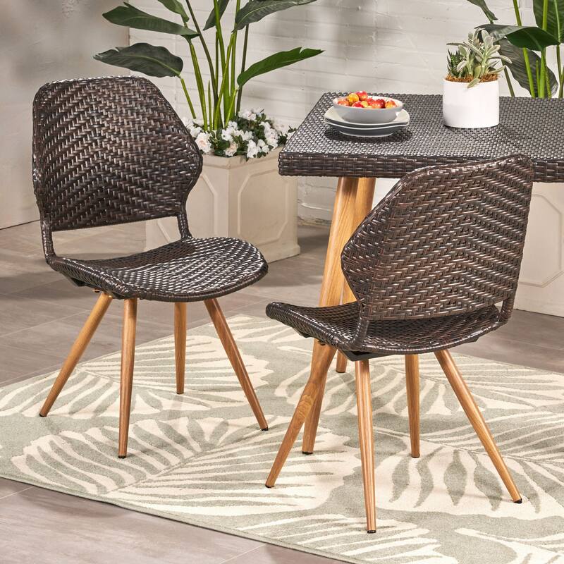 Roomfitters Set of 2 Wicker Outdoor Dining Chairs, Mid-Century Iron Legs with Wood Finish, Brown Multi