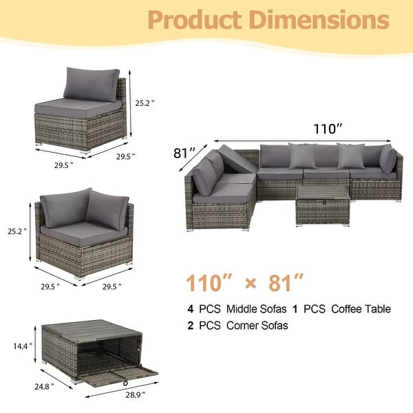 dimension image slide 0 of 9, EROMMY 6/7 Piece Modular Outdoor Rattan Sofa Set, All-Weather Wicker Patio Furniture with Storage Table, Cushions & Pillows