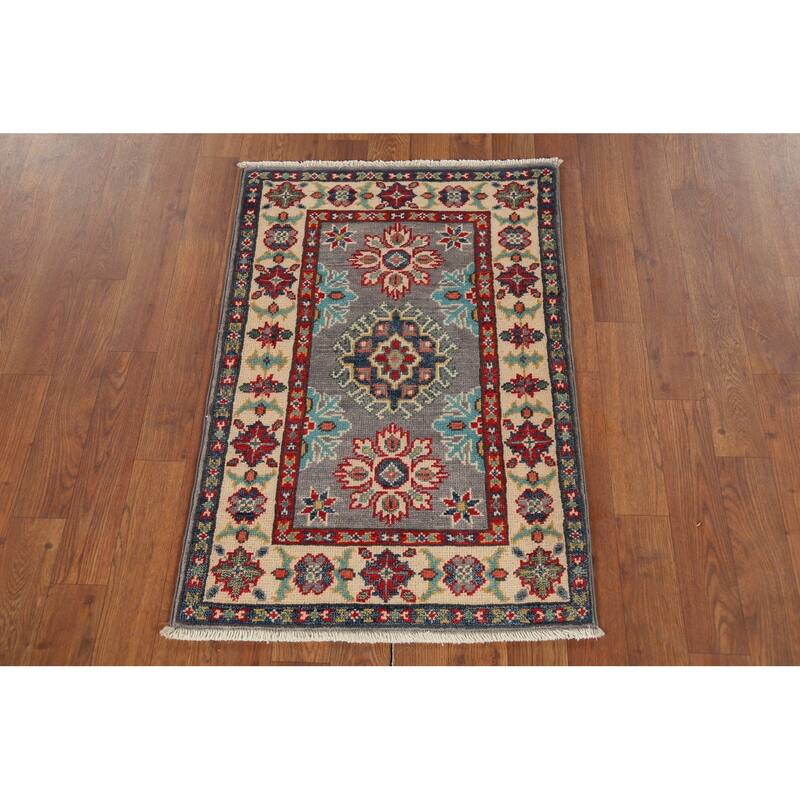 Gray Geometric Kazak Oriental Accent Rug Handmade Wool Carpet - 2'1"x 2'10"