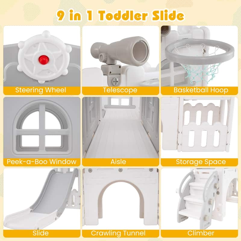 9 in 1 Toddler Slide and Climber Playset with Basketball Hoop Tunnel and Storage Indoor Outdoor Playground for Kids
