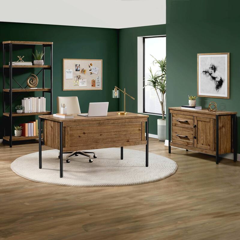 Norcross 60" Hickory Veneer Writing Desk, Brown and Black