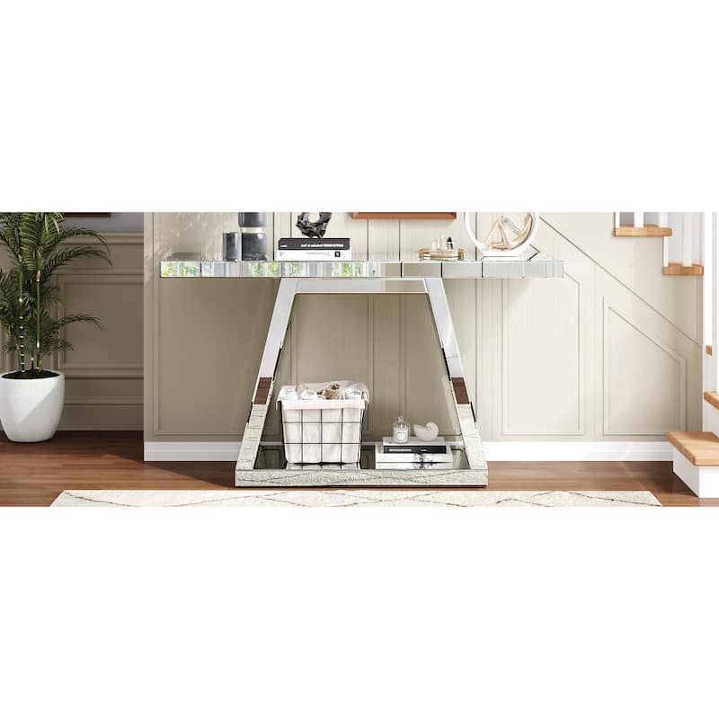 GDF Studio - Brevard Art Deco Mirrored Wood Console Table with Trapezoid Base
