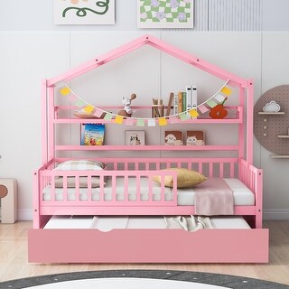 Twin Size Wooden House Bed Kids Bed with Trundle and Shelf - Bed Bath ...
