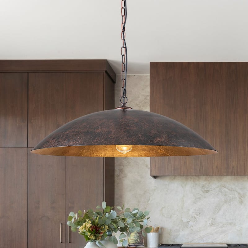 1-Light Black Gold Oversized Metal Dome Pendant Light - 27in