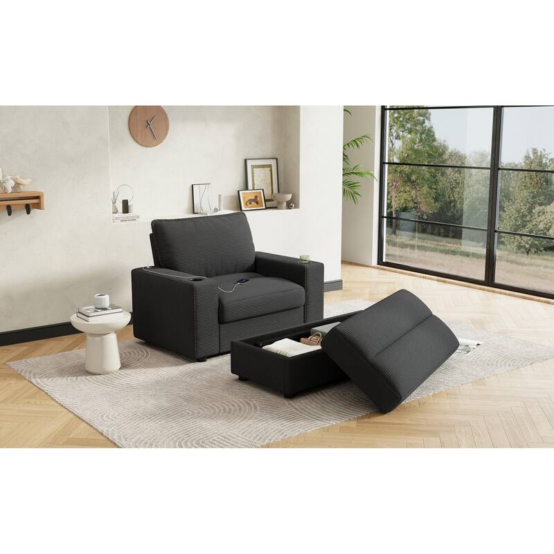 Roomfitters Oversized Chaise Lounge Chair with Storage Ottoman and Built-in USB Charging Port, Corduroy Sleeper Couch