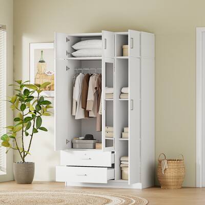 3-Door 2-Drawer Mirror Wardrobe Closet with Top Cabinet, Hanging Rail, and Storage Shelves, Bedroom Armoire Clothes Storage